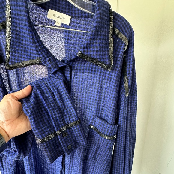 ISA ARFEN OVERSIZED SEQUIN-TRIMMED WOOL CHECKERED  SHIRTDRESS ROYAL BLUE SIZE 12 - Picture 6 of 9